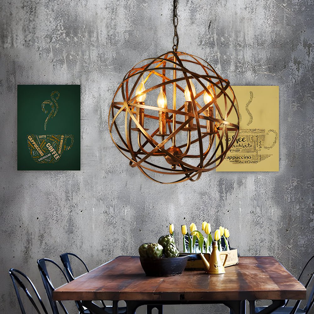 Spherical Iron Lines LED Chandelier — Industrial Vintage, E27, 16.5" Diameter, Black or Retro Gold