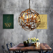 Spherical Iron Lines LED Chandelier — Industrial Vintage, E27, 16.5" Diameter, Black or Retro Gold
