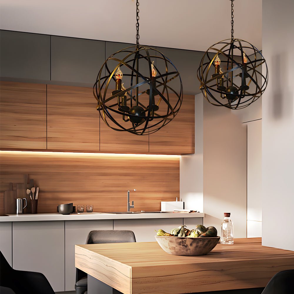 Spherical Iron Lines LED Chandelier — Industrial Vintage, E27, 16.5" Diameter, Black or Retro Gold