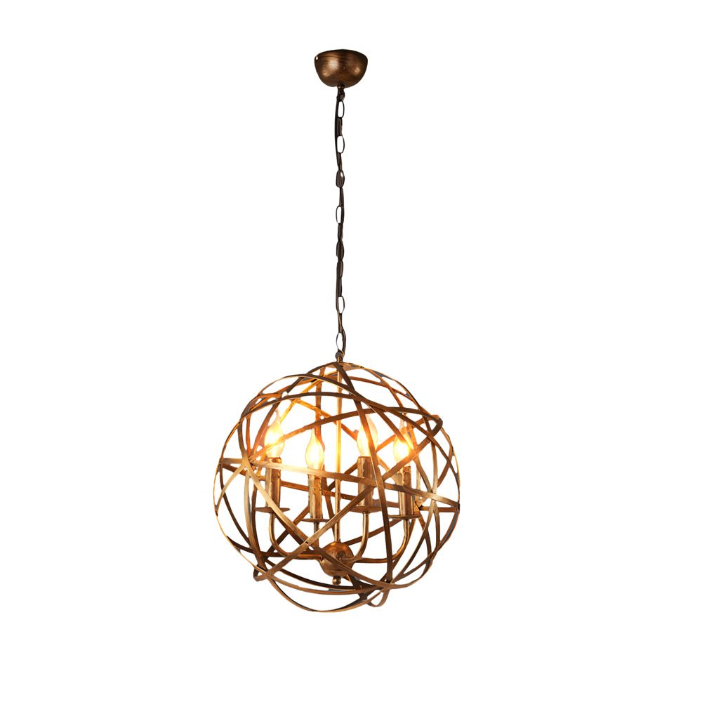 Spherical Iron Lines LED Chandelier — Industrial Vintage, E27, 16.5" Diameter, Black or Retro Gold