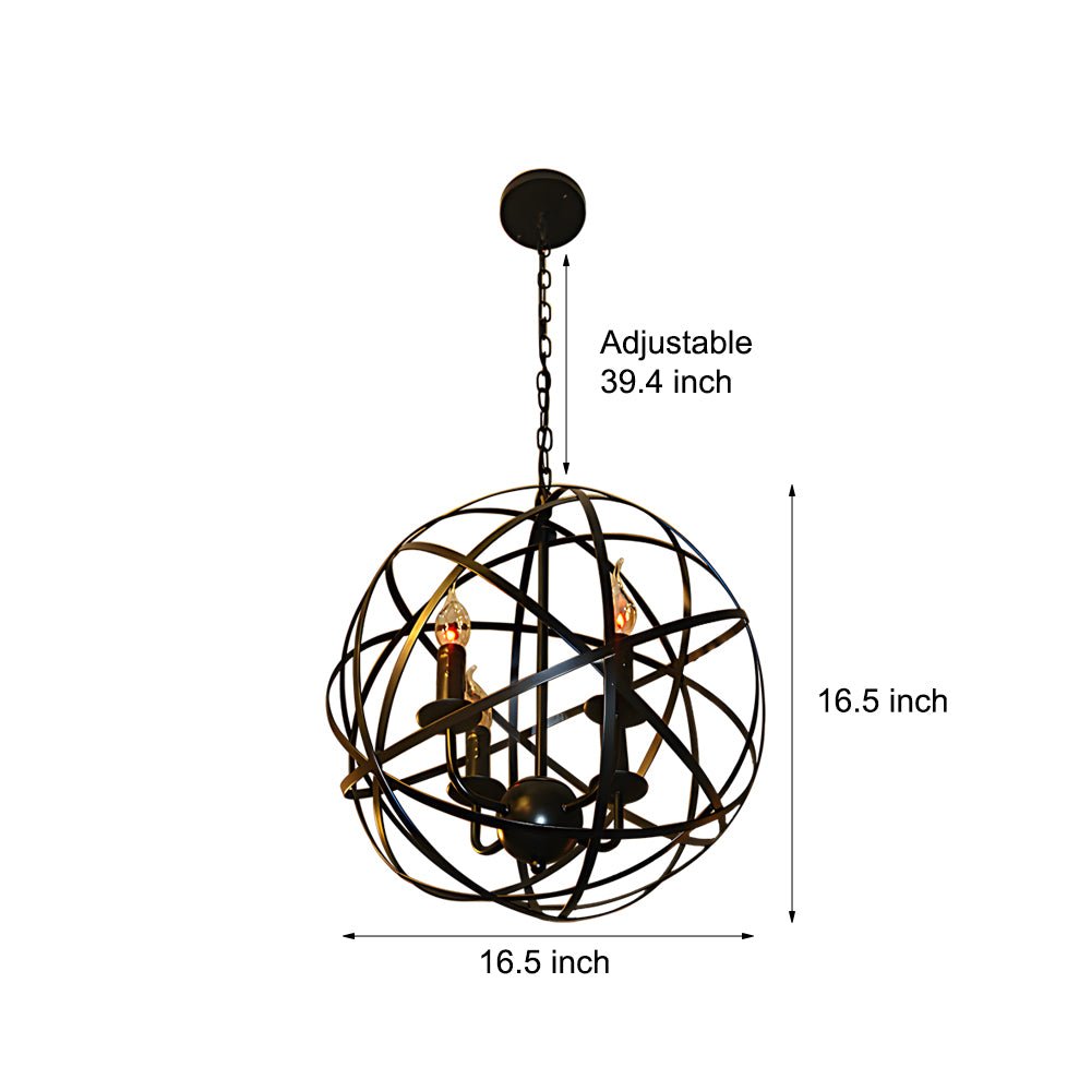 Spherical Iron Lines LED Chandelier — Industrial Vintage, E27, 16.5" Diameter, Black or Retro Gold