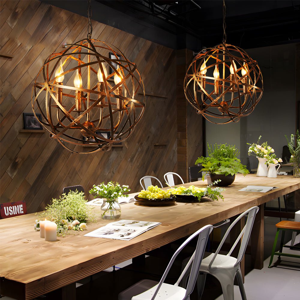 Spherical Iron Lines LED Chandelier — Industrial Vintage, E27, 16.5" Diameter, Black or Retro Gold
