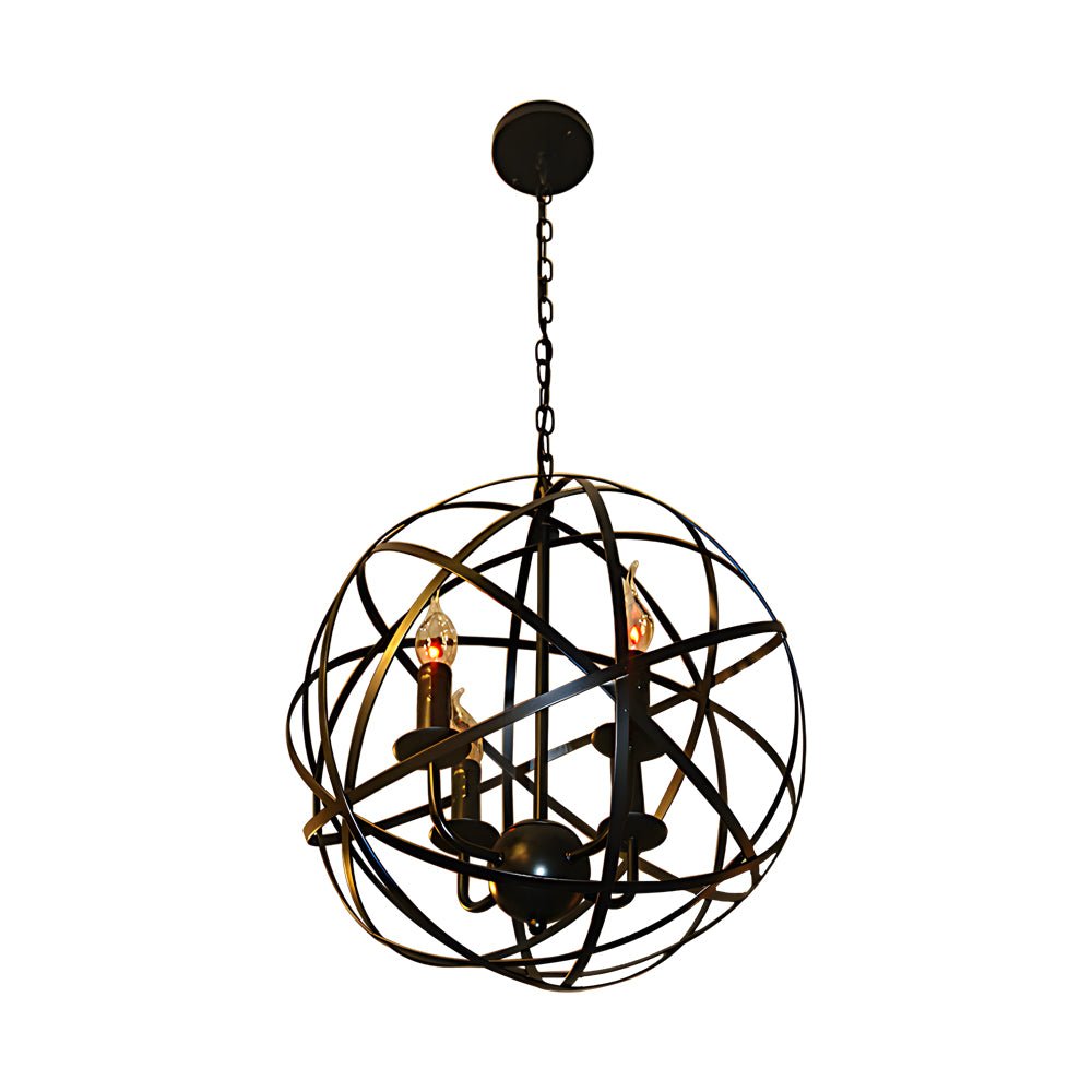 Spherical Iron Lines LED Chandelier — Industrial Vintage, E27, 16.5" Diameter, Black or Retro Gold