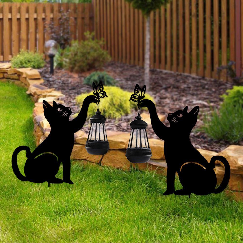 Cat Silhouette Hanging Solar Garden Light — Black Iron, LED Warm White, IP55 Weatherproof