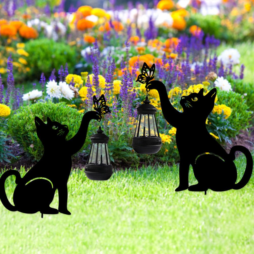 Cat Silhouette Hanging Solar Garden Light — Black Iron, LED Warm White, IP55 Weatherproof
