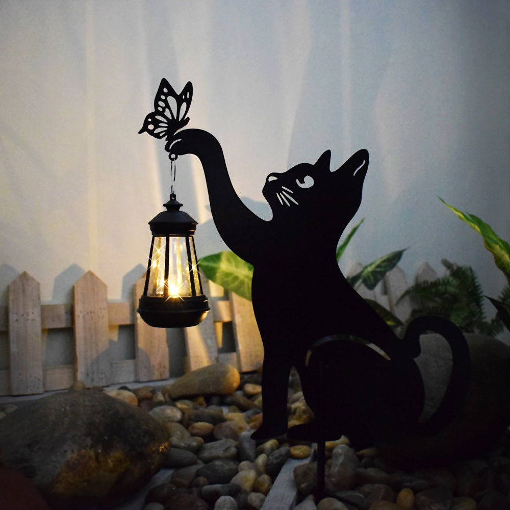 Cat Silhouette Hanging Solar Garden Light — Black Iron, LED Warm White, IP55 Weatherproof