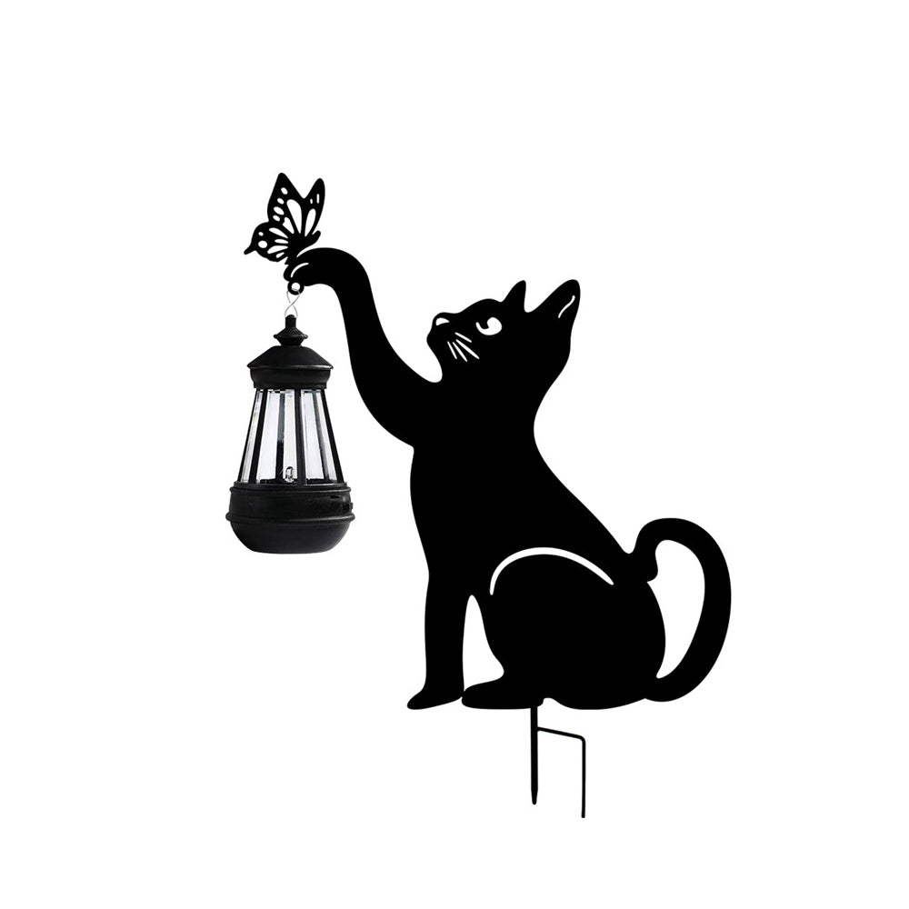 Cat Silhouette Hanging Solar Garden Light — Black Iron, LED Warm White, IP55 Weatherproof