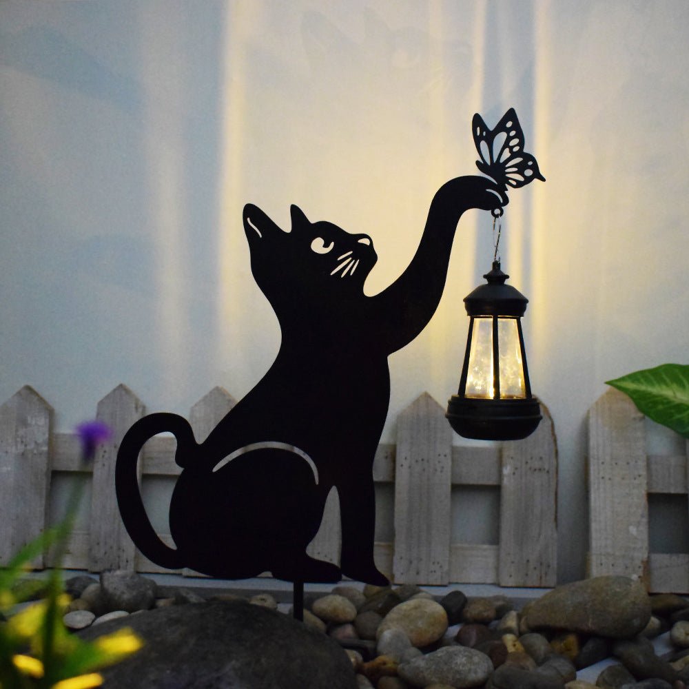 Cat Silhouette Hanging Solar Garden Light — Black Iron, LED Warm White, IP55 Weatherproof