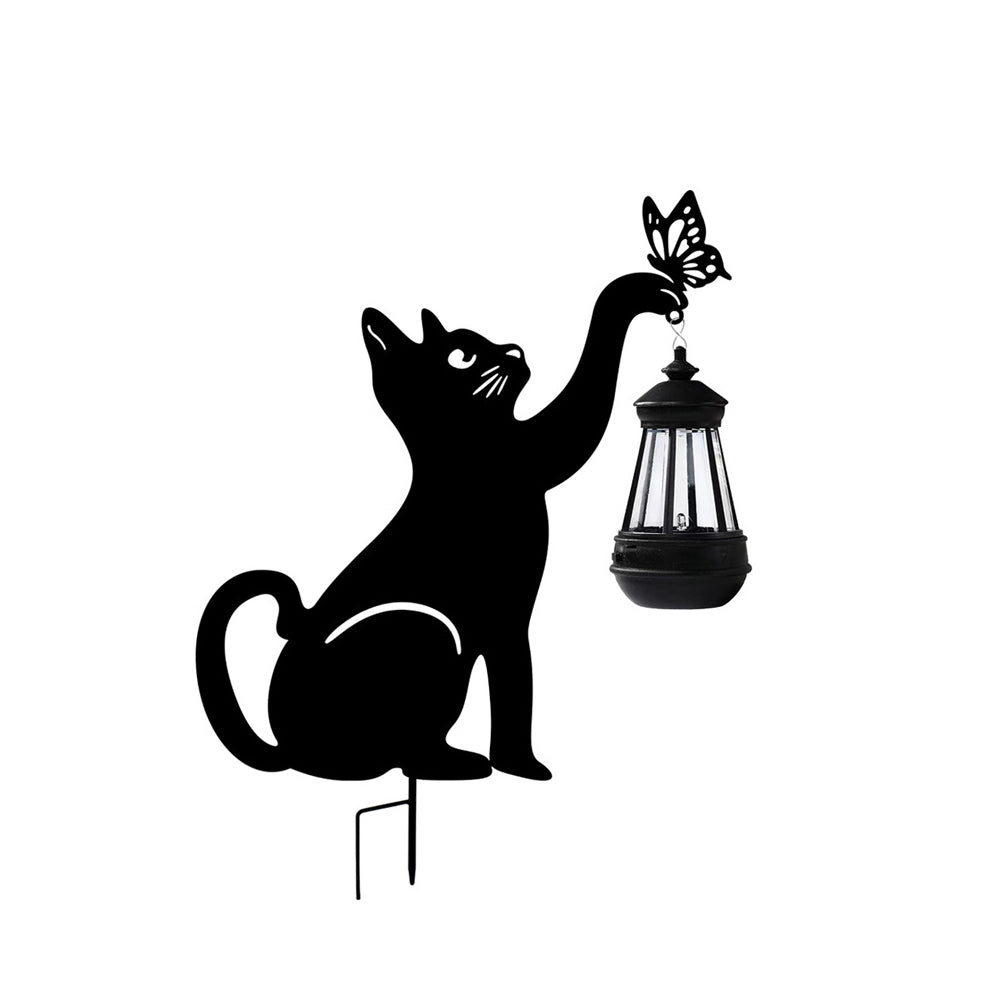 Cat Silhouette Hanging Solar Garden Light — Black Iron, LED Warm White, IP55 Weatherproof