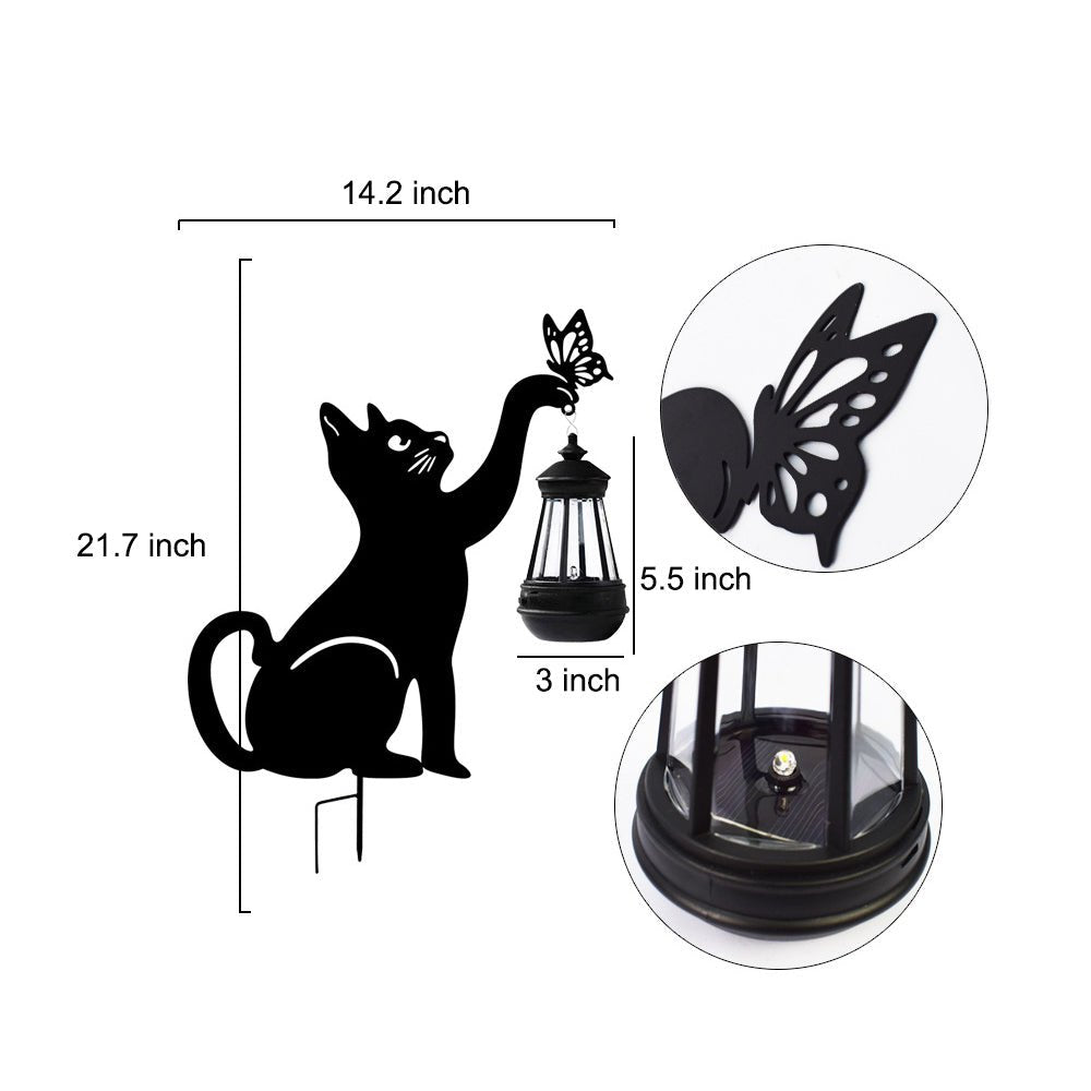 Cat Silhouette Hanging Solar Garden Light — Black Iron, LED Warm White, IP55 Weatherproof