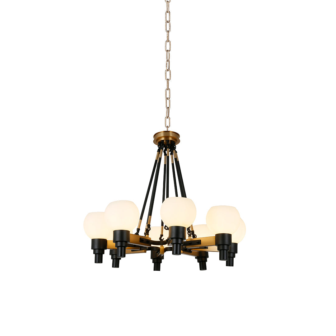 8-Light Bean Globe Chandelier — Black Metal, Transparent Glass, 29.9" Diameter, Hardwired
