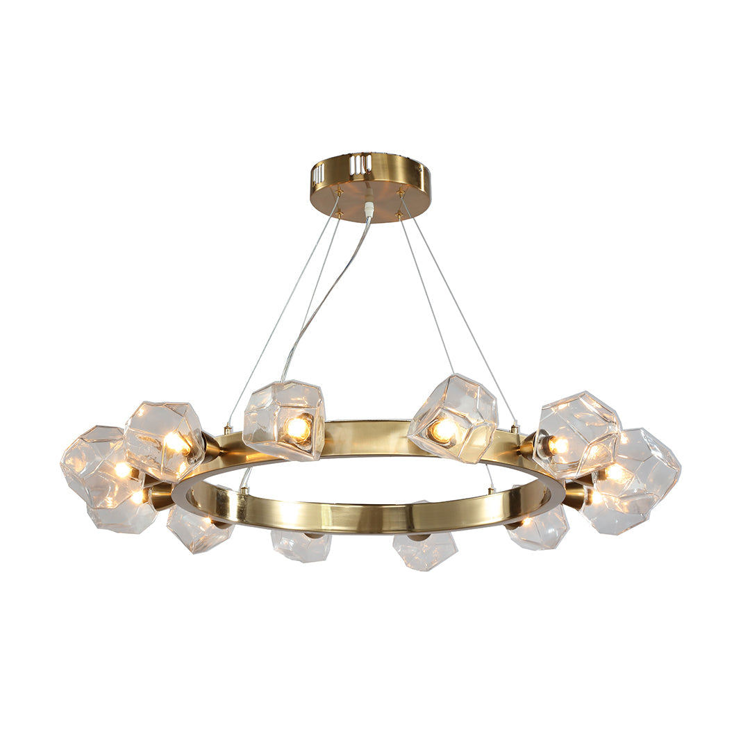 Polished Brass Ring Chandelier — Gold, Circular Geometric, Transparent Glass Shades, E12, 30.9" Diameter