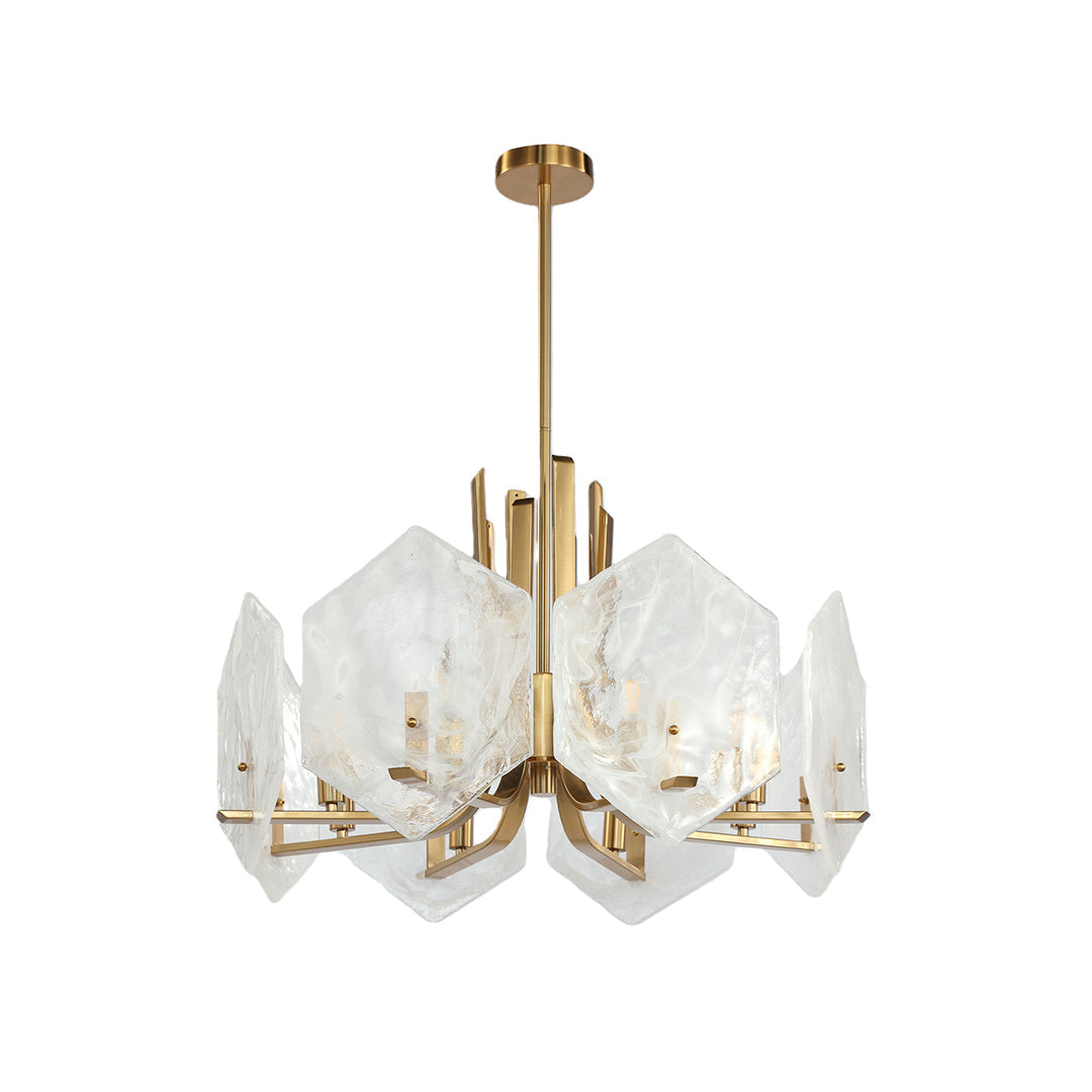 Vintage Geometric Chandelier — Gold Metal, Clear Glass Shade, Adjustable Rod, E12