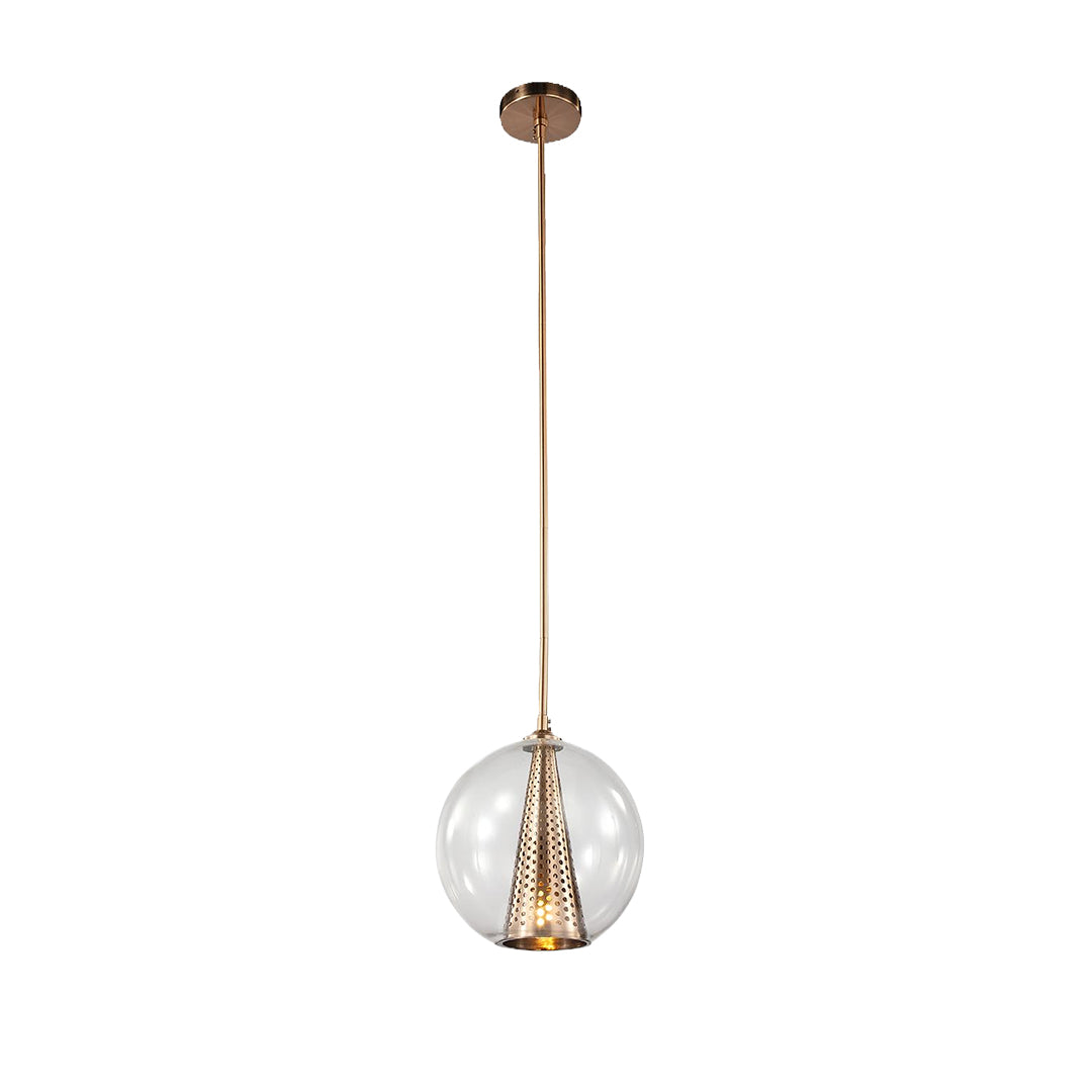 Glass Ball and Perforated Cone Pendant — Natural Copper, Italian Minimalist, E26, Adjustable Rod