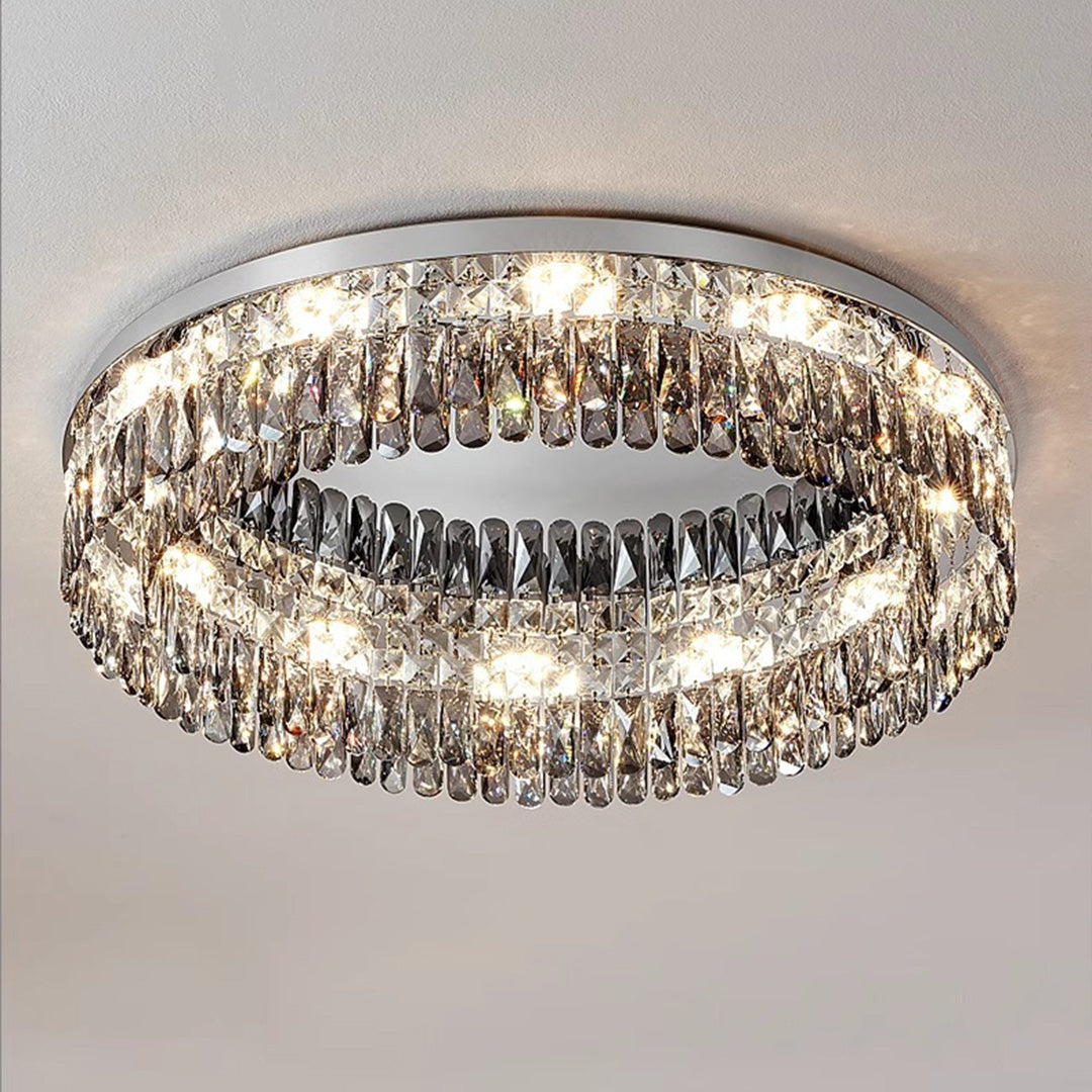 French Crystal Round LED Flush Mount — Polished Stainless Steel, K9 Crystal, 3-Step Dimming, 45cm / 60cm / 80cm