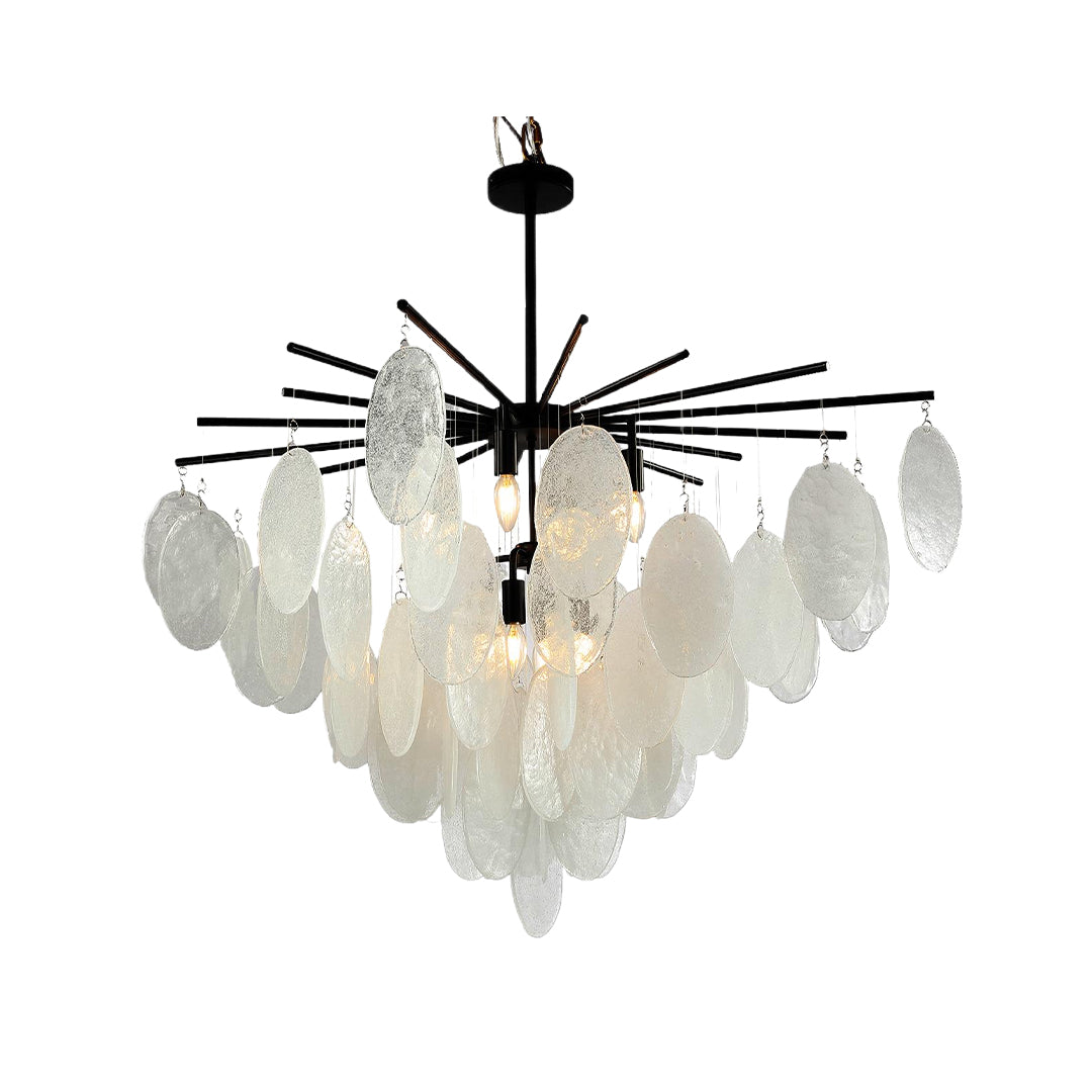Minimalist Mother-of-Pearl Cone Chandelier — Matte Black Metal, Transparent Glass, Adjustable 36" Rod, E12