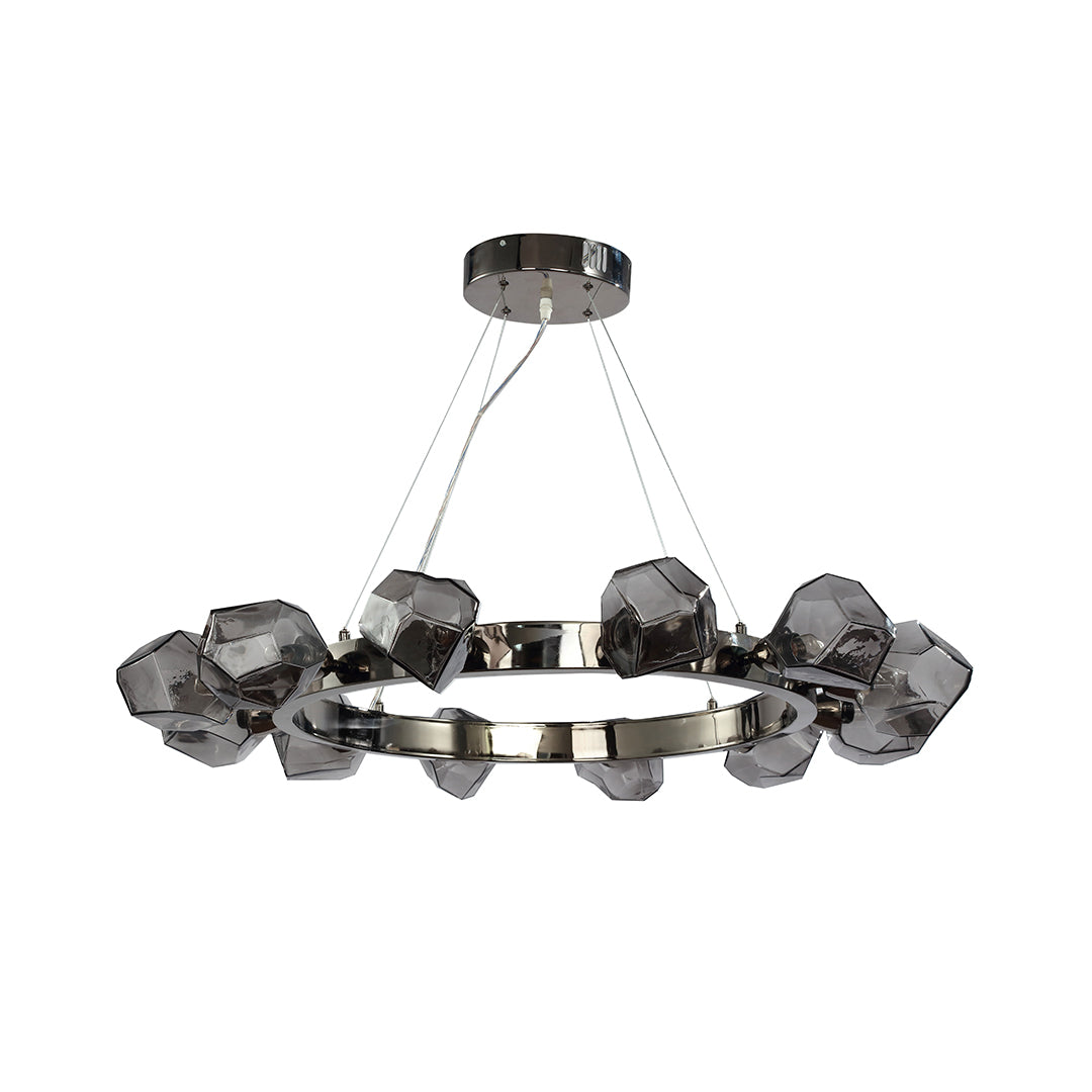 Geometric Glass Shade Round Chandelier — Black Metal, E12, Adjustable 1.8m Cord, 30.9"