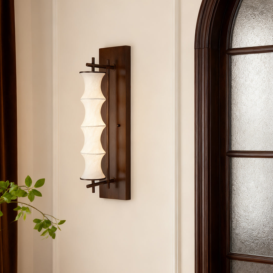Vintage Bamboo Node Wall Sconce — Walnut Metal, Silk Shade, 8W 3000K LED, 23.6"