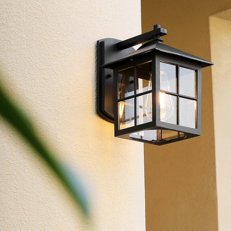 Minimalist Square Lantern Outdoor Wall Sconce — Aluminum and Glass, E27, 9.25" Wide, Black