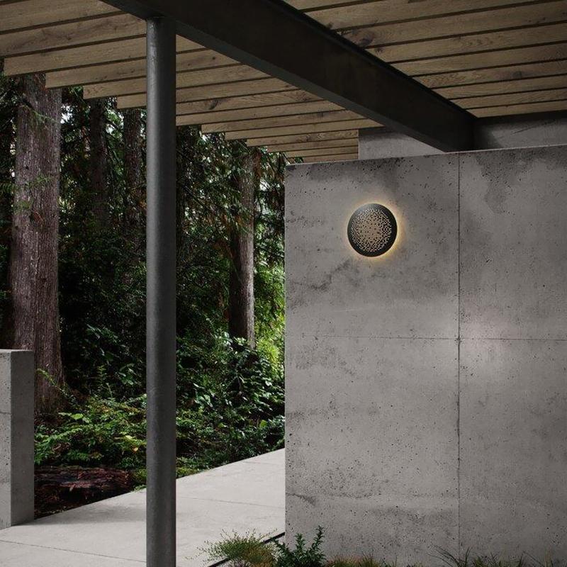 Circular Hollow Outdoor Wall Sconce — Black Metal & PMMA, LED, IP54 Waterproof, 3200K Warm White