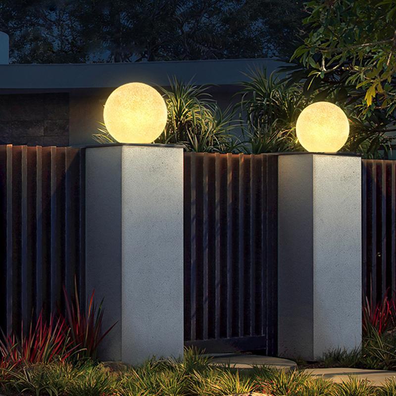 Moon Ball Outdoor Pillar Light — White Resin & Fiber, LED, IP65 Weatherproof, 9W / 16W, 3200K Warm White, 10" or 16"