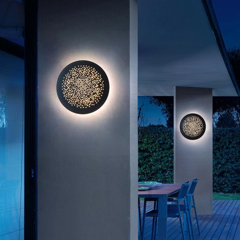 Circular Hollow Outdoor Wall Sconce — Black Metal & PMMA, LED, IP54 Waterproof, 3200K Warm White