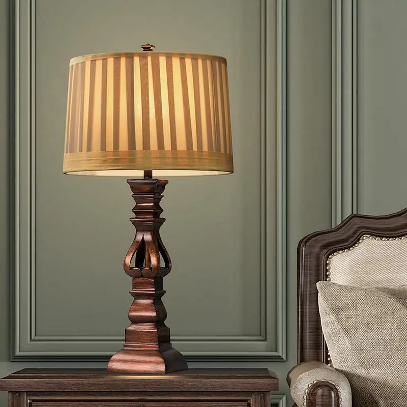 Antique Rustic Style Tower Table Lamp with Stripe Drum Shade Luxe