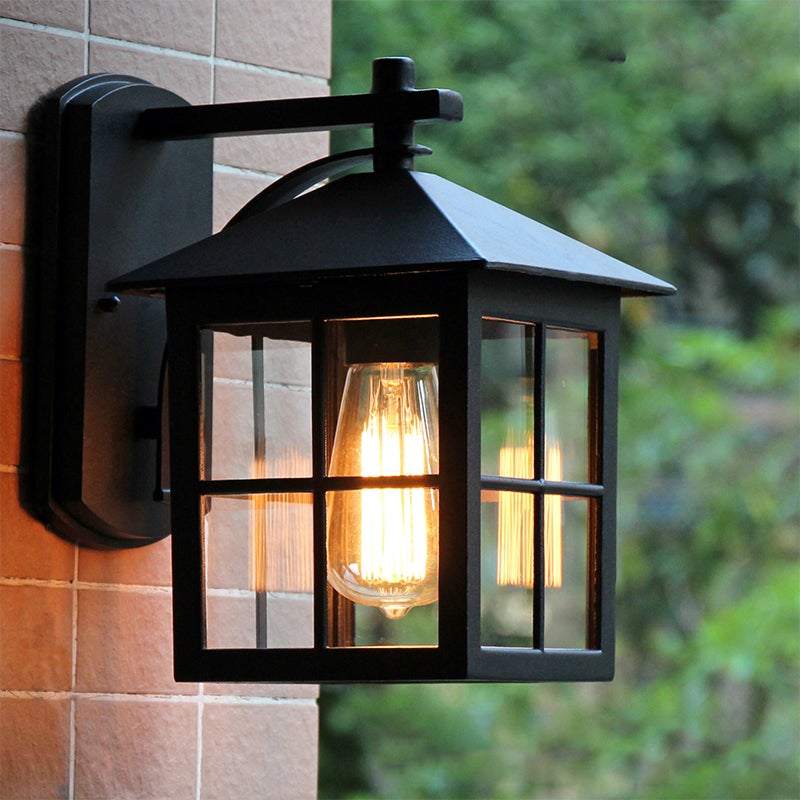 Minimalist Square Lantern Outdoor Wall Sconce — Aluminum and Glass, E27, 9.25" Wide, Black