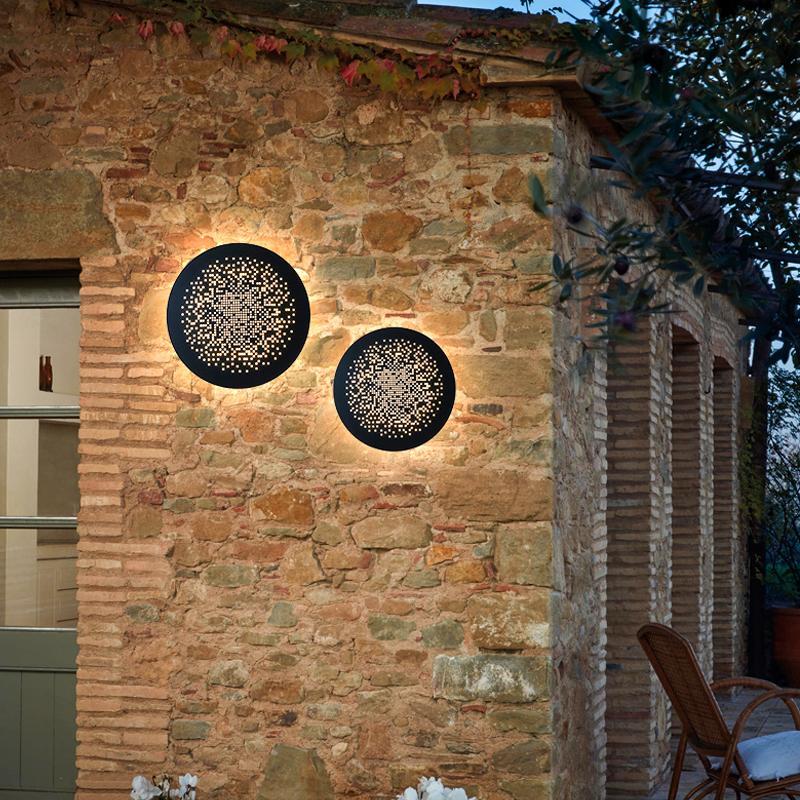 Circular Hollow Outdoor Wall Sconce — Black Metal & PMMA, LED, IP54 Waterproof, 3200K Warm White