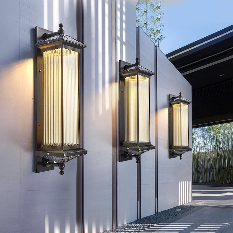 Retro Striped Glass Solar Outdoor Wall Sconce — IP65 Weatherproof, LED, 3000K Warm, 24" or 30"