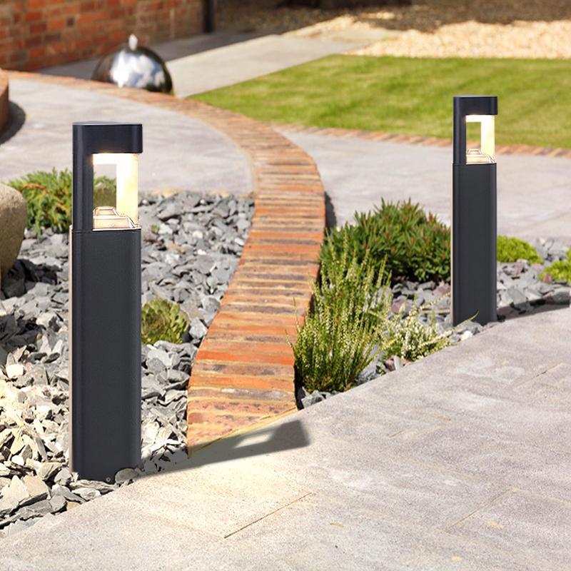 Modern Bollard Pathway Light — Black Aluminum, Hollow Lantern Design, LED 3200K, IP54 Weatherproof