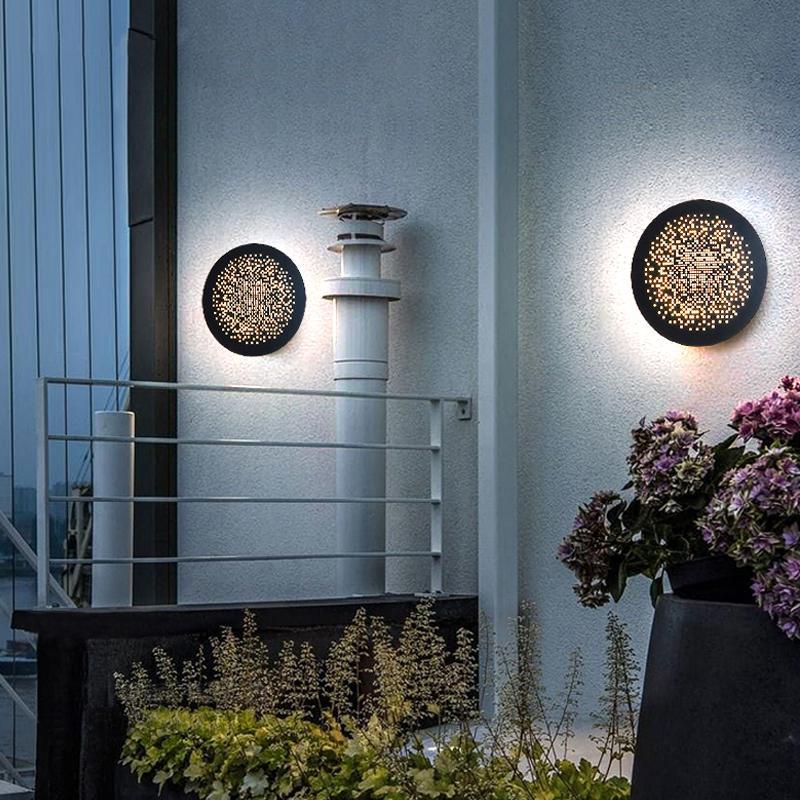 Circular Hollow Outdoor Wall Sconce — Black Metal & PMMA, LED, IP54 Waterproof, 3200K Warm White