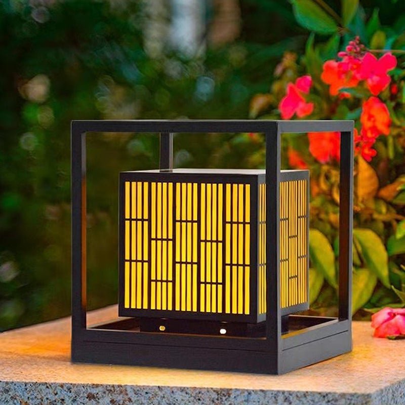 Modern Solar Outdoor Post Light — Vintage Window Grille, Geometric, LED, Waterproof