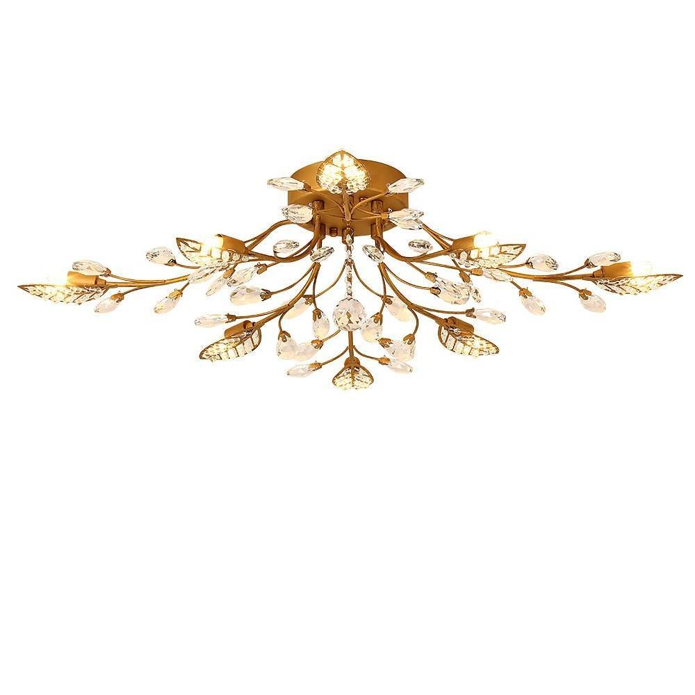 Antique Brass Vintage Crystal Leaf Branches Semi-Flush Mount Chandelier | 8-Light LED, 31.19'' Width