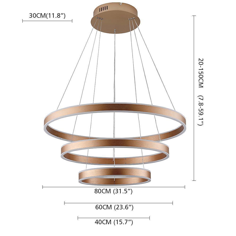Triple-Ring Chandelier — Aluminum, Gold Finish, LED 142W, 3000K–6000K, 59" Adjustable Chain