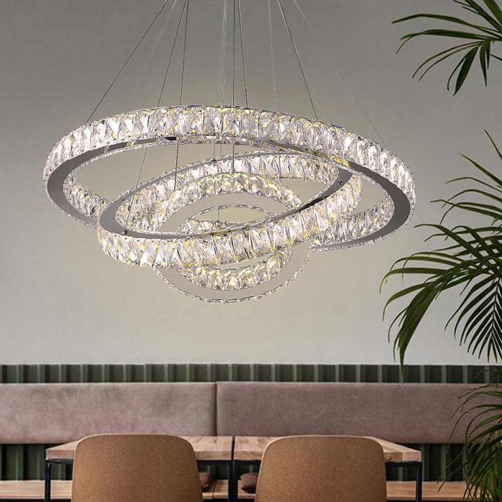Interwoven Triple-Ring Crystal Chandelier — Silver Electroplated Metal, 31" Diameter, 78W LED Dimmable, 3000K–6000K