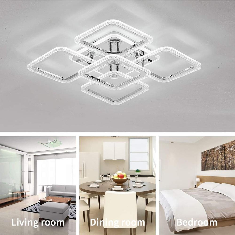 5-Light Square Flush-Mount Ceiling Light — Acrylic, Chrome & White, Dimmable LED, 3000K/4500K/6000K, Remote Control, 22"