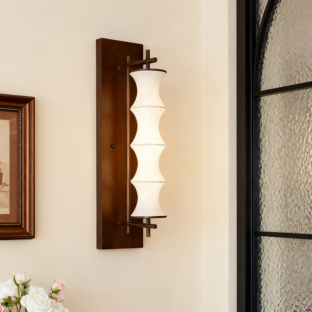 Vintage Bamboo Node Wall Sconce — Walnut Metal, Silk Shade, 8W 3000K LED, 23.6"