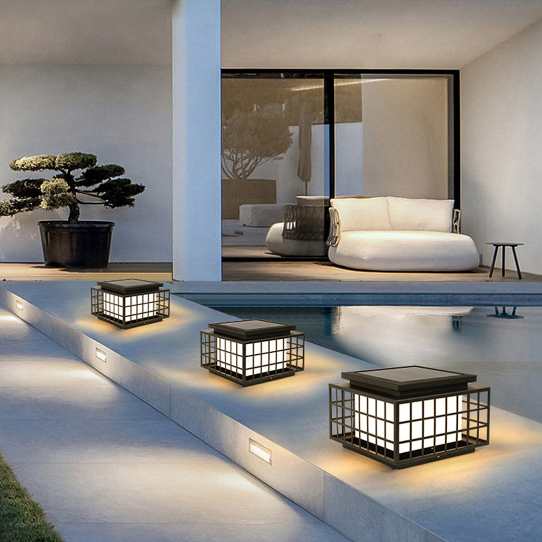 Modern Square Solar Pillar Light — Stainless Steel, Faux Alabaster, LED, 3-Color Dimming, Remote, IP65