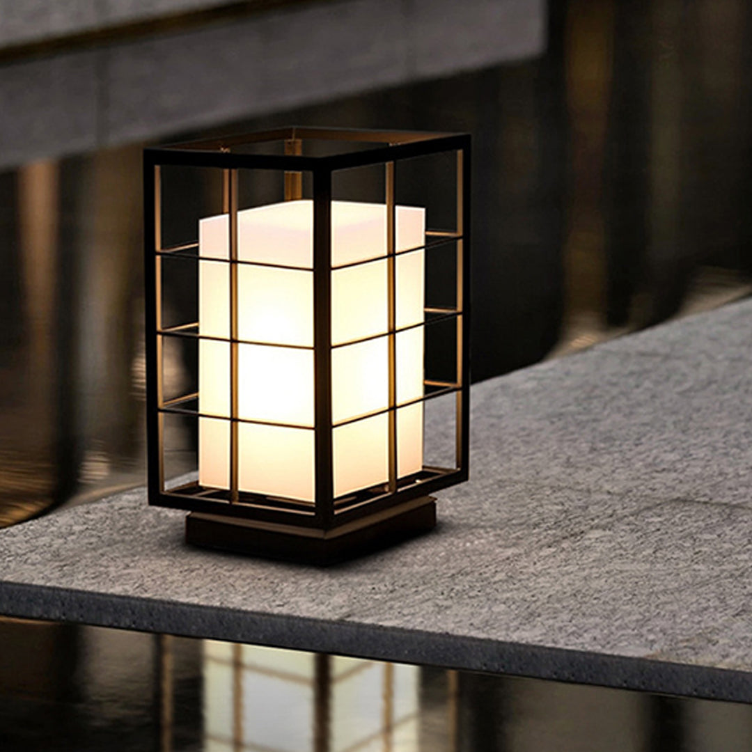 Square Japanese Outdoor Bollard Lantern — Stainless Steel & Acrylic, 10W LED, 3000K, IP65, 11.81" Hardwired
