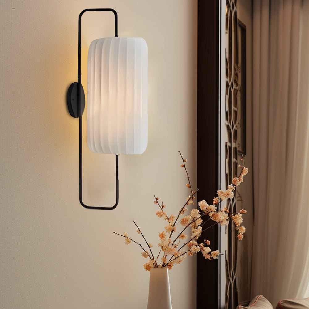 Striped Fabric Lantern Wall Sconce — Black Iron, Japandi LED, 9.8" × 22.8"