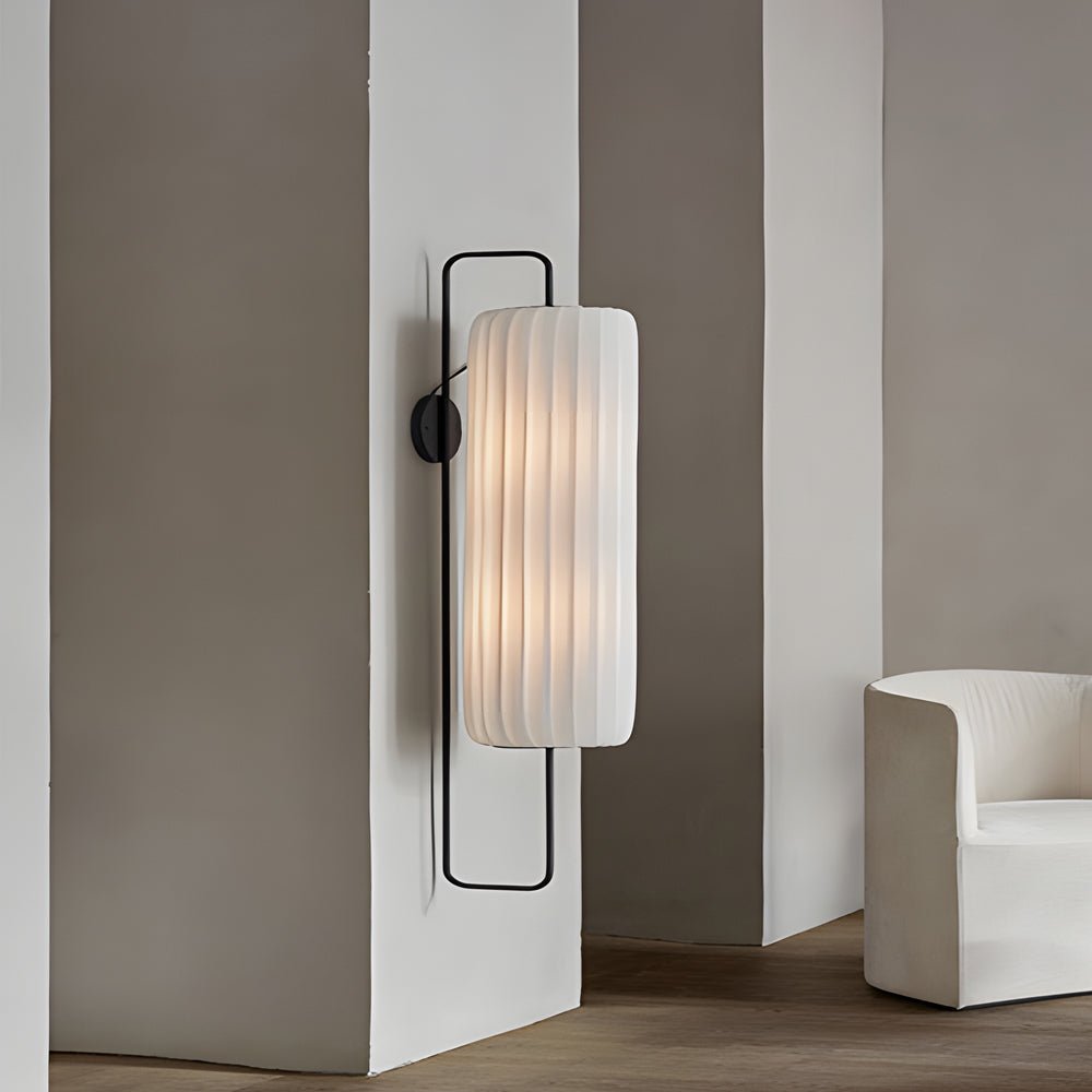 Striped Fabric Lantern Wall Sconce — Black Iron, Japandi LED, 9.8" × 22.8"