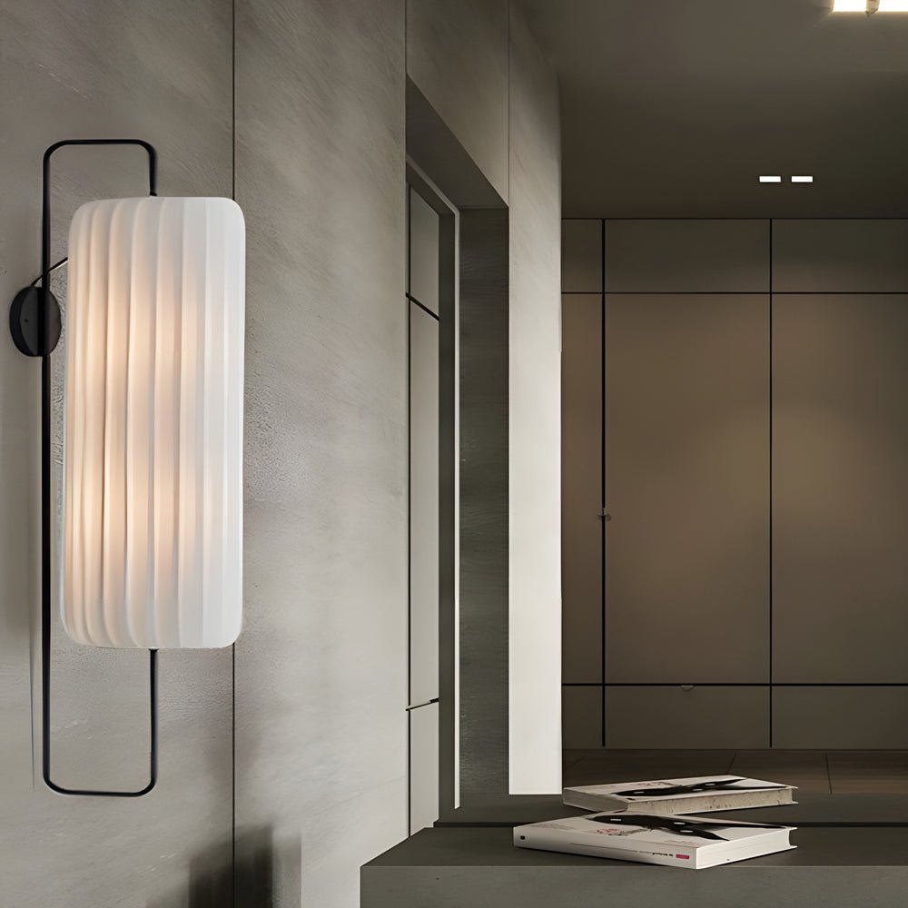 Striped Fabric Lantern Wall Sconce — Black Iron, Japandi LED, 9.8" × 22.8"