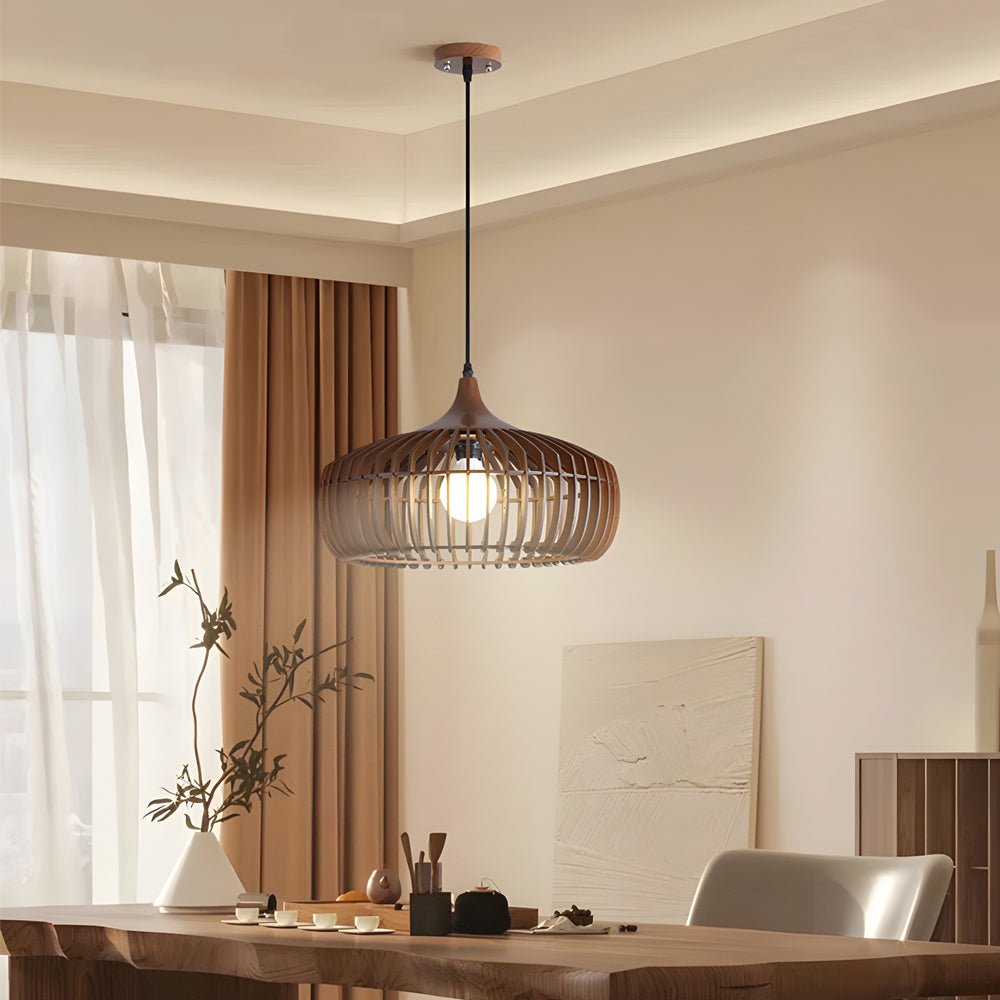 1-Light Pendant Light in Japanese Wood Cage Design