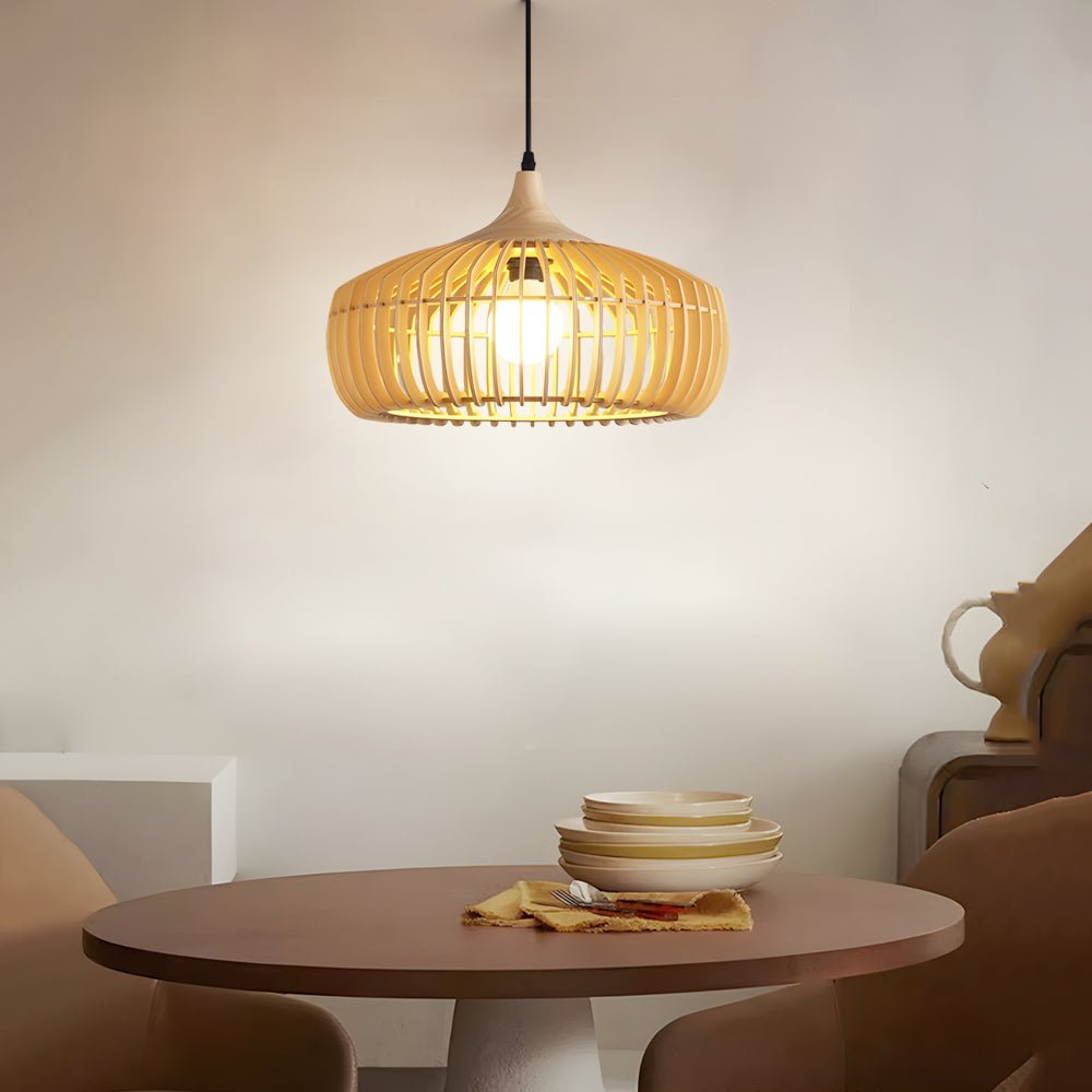 1-Light Pendant Light in Japanese Wood Cage Design