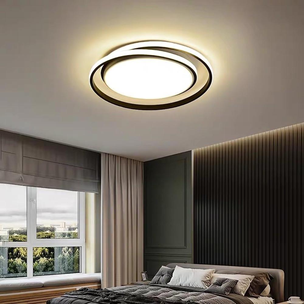 Circular LED Flush-Mount Ceiling Light — Black and Gold, Metal and Acrylic, 18" Diameter, Bedroom