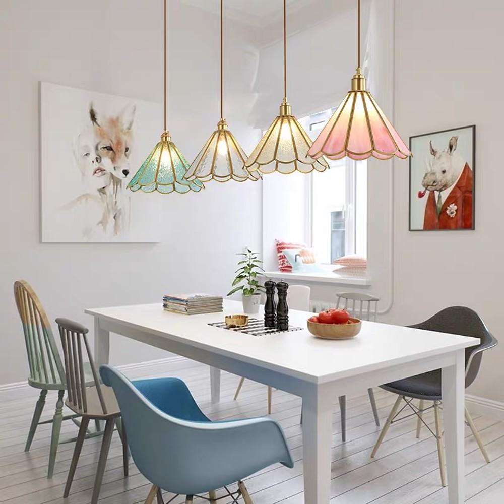 Geometric Flower-Shaped Glass Pendant Light — Copper, LED, 3000K, 11" Diameter, 59" Adjustable Cord