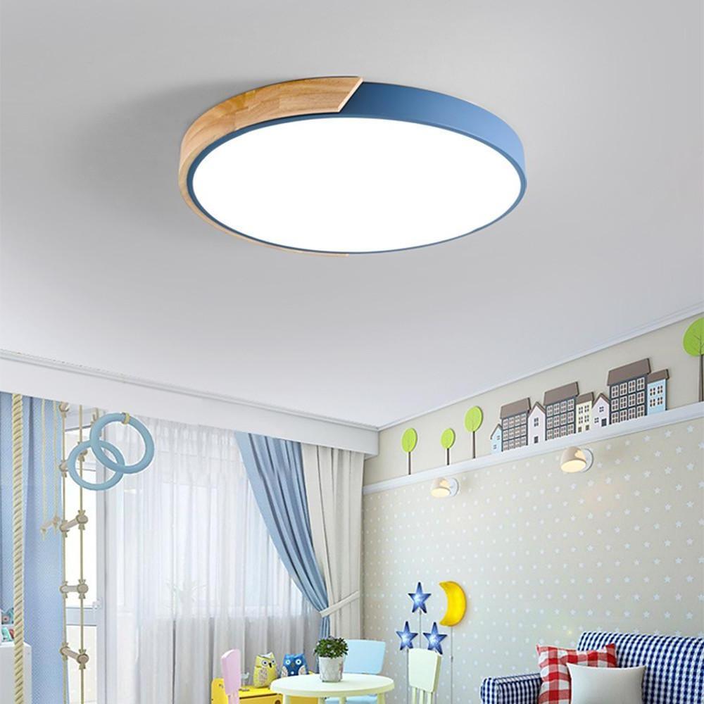 Circular Wood Flush-Mount Ceiling Light — Metal & PVC, LED, 16", 24W, Three-Step Dimming, Remote Control