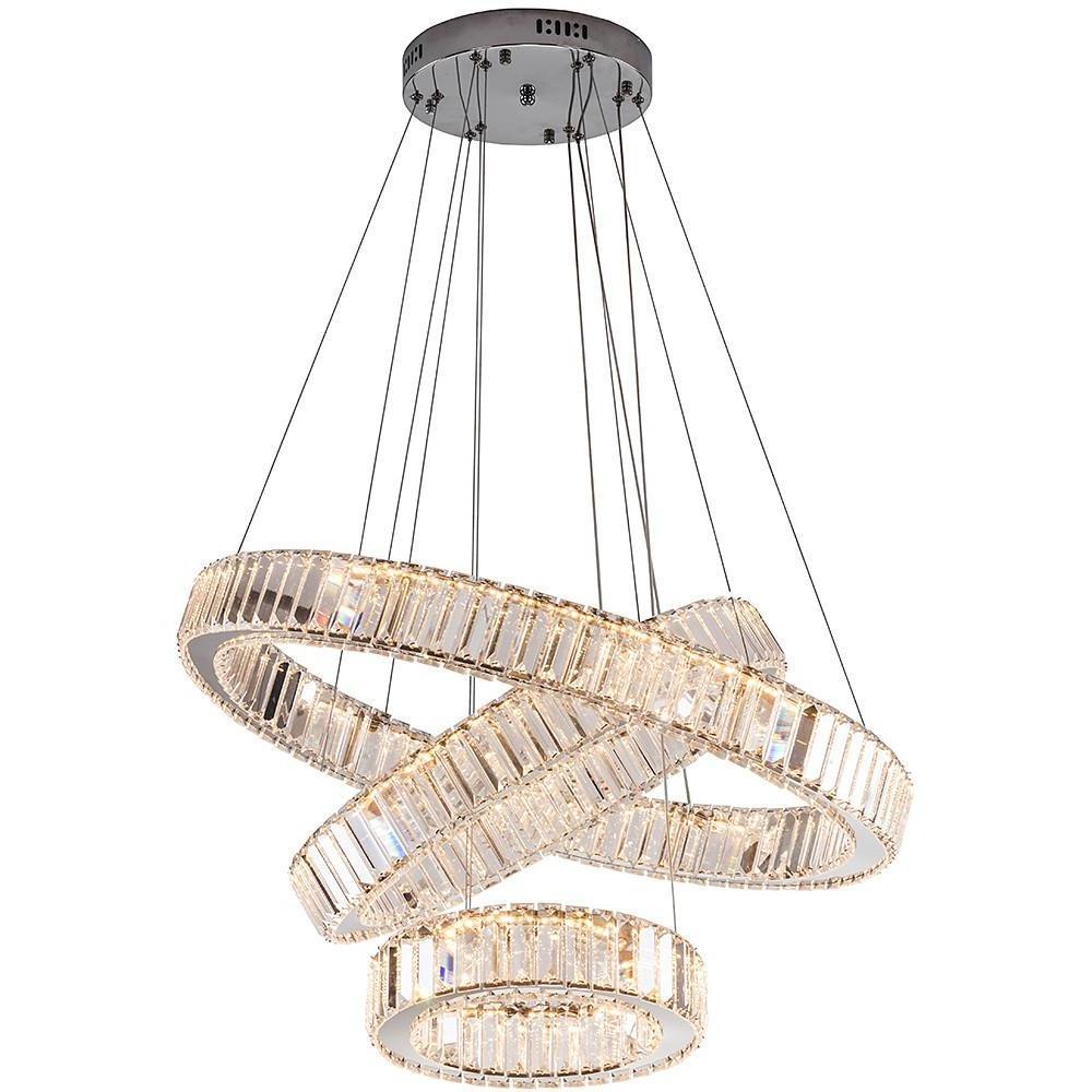 3-Tier Ring Chandelier — Polished Chrome and Crystal, LED, 28" Diameter, Adjustable Height