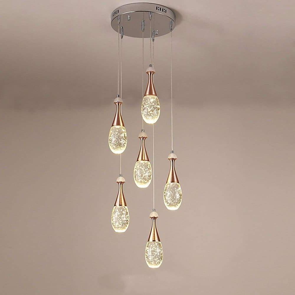 Drop-Shape Crystal & Electroplated Metal Multi-Light Pendant — Modern, 3-Light 11" or 6-Light 14", LED Integrated